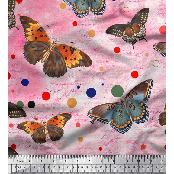 Soimoi Poly Georgette Fabric Dot & Butterfly Printed Fabric 1 Yard 42 Inch Wide