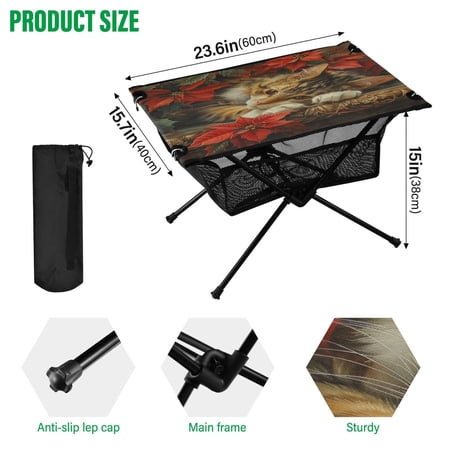 BZSMCE Camping Tables Simple Folding Table Cozy Cat Among Poinsettias Pattern Size:23.6*15.7in