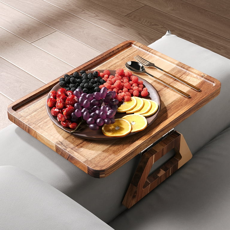Danfoxer Acacia Wood Couch Arm Tray, Adjustable Folding Sofa