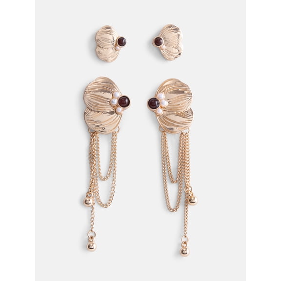 Scenario Women's Gold Tone Stud and Tassel Earrings, 2-Piece Set