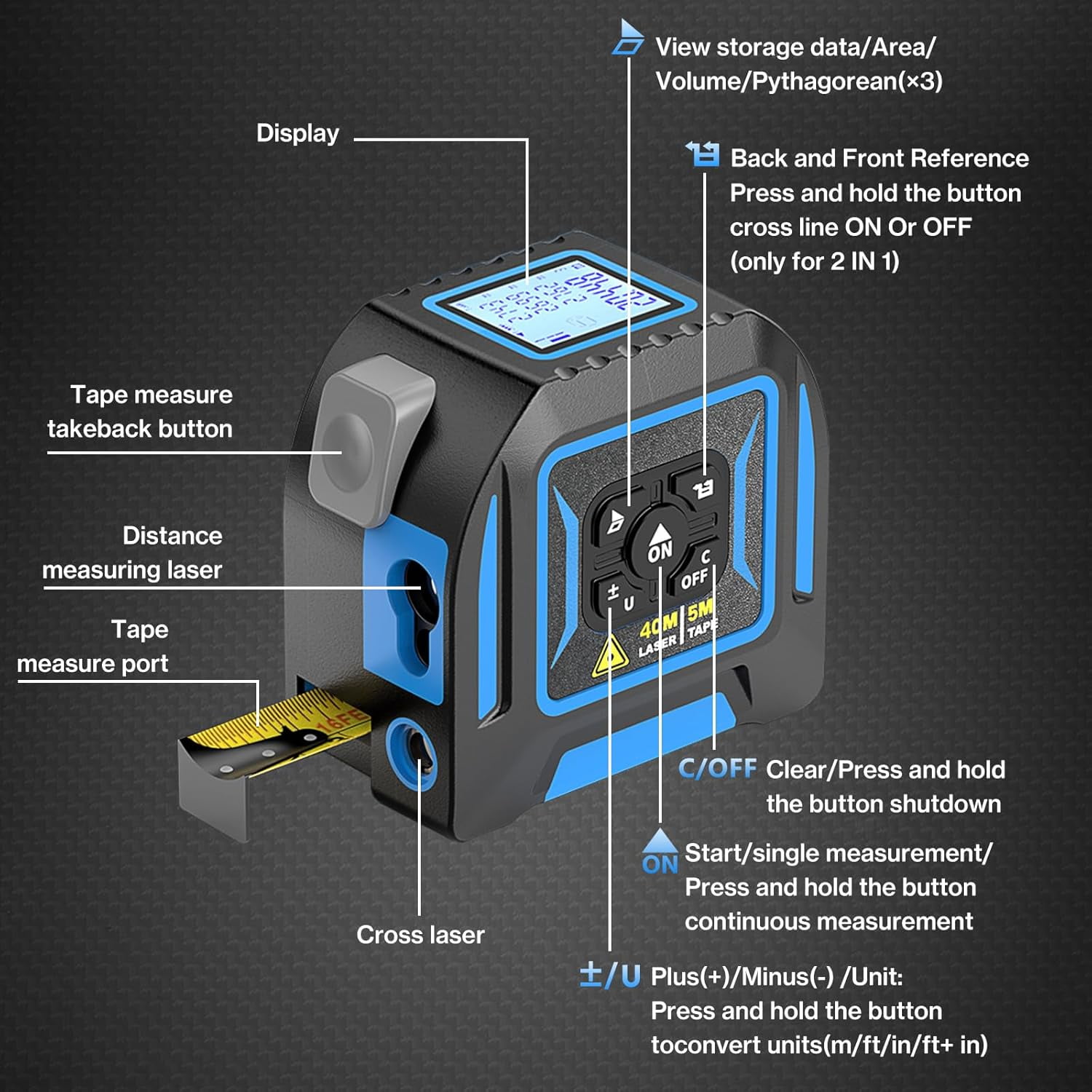 Laser Rangefinder, 2-in-1 Laser Tape Measure, 130Ft/40m Laser Measurement Tool, 16Ft/5m Measuring Tape, Digital Laser Tape Measure, LCD Display, Self-Locking Tape, Belt Clip