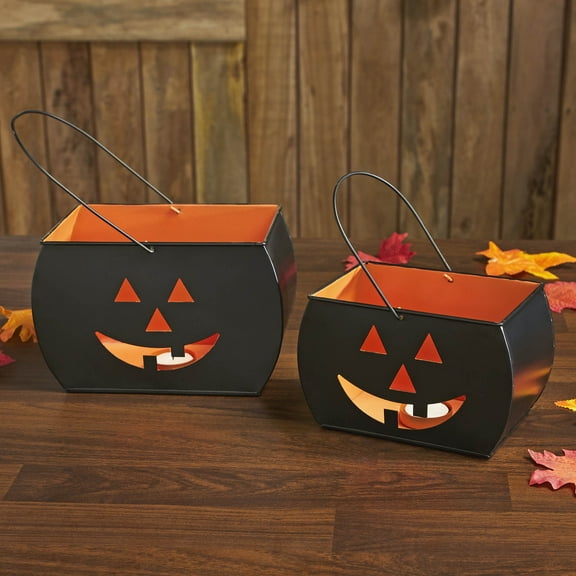 VHC Brands Metal Tealight Holders Trick Or Treat Black Set of 2, Kitchen Dining Table Candle Holder, Pumpkin Decor for Fall and Halloween