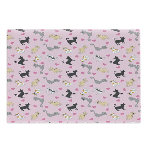 Kitty Cutting Board, Cats in Different Colors and Patterns Among Pink Hearts Resting Happy Stretching, Decorative Tempered Glass Cutting and Serving Board, Large Size, Multicolor, by Ambesonne