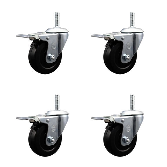 3.5 Inch Hard Rubber Swivel 3/4 Inch Threaded Stem Caster Set Total Lock Brake