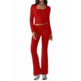 thumbnail image 2 of 2 Piece Square Neck Lounge Set Womens Wide Leg Pants Slightly Crop Top Sweatsuit Sets Red L, 2 of 9