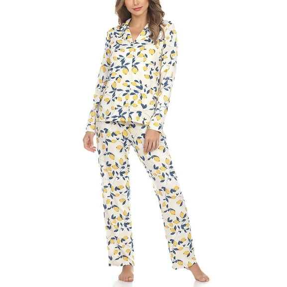 White Mark Long Sleeve Lemon Pajama Set, 2-Piece, Small-XL (Women's)