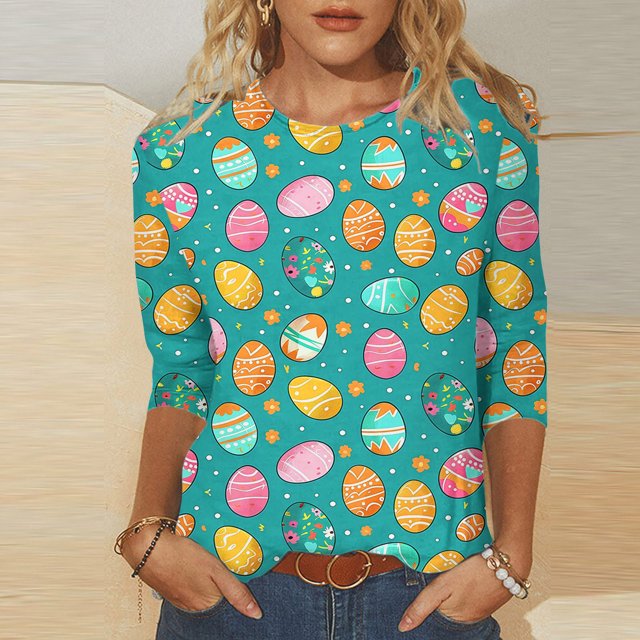 VKOYWKM T-Shirts Joyeuses Pâques pour Femmes Manches 3/4 Hauts Mignons Œufs Colorés Graphiques T-Shirts de Pâques Col Rond