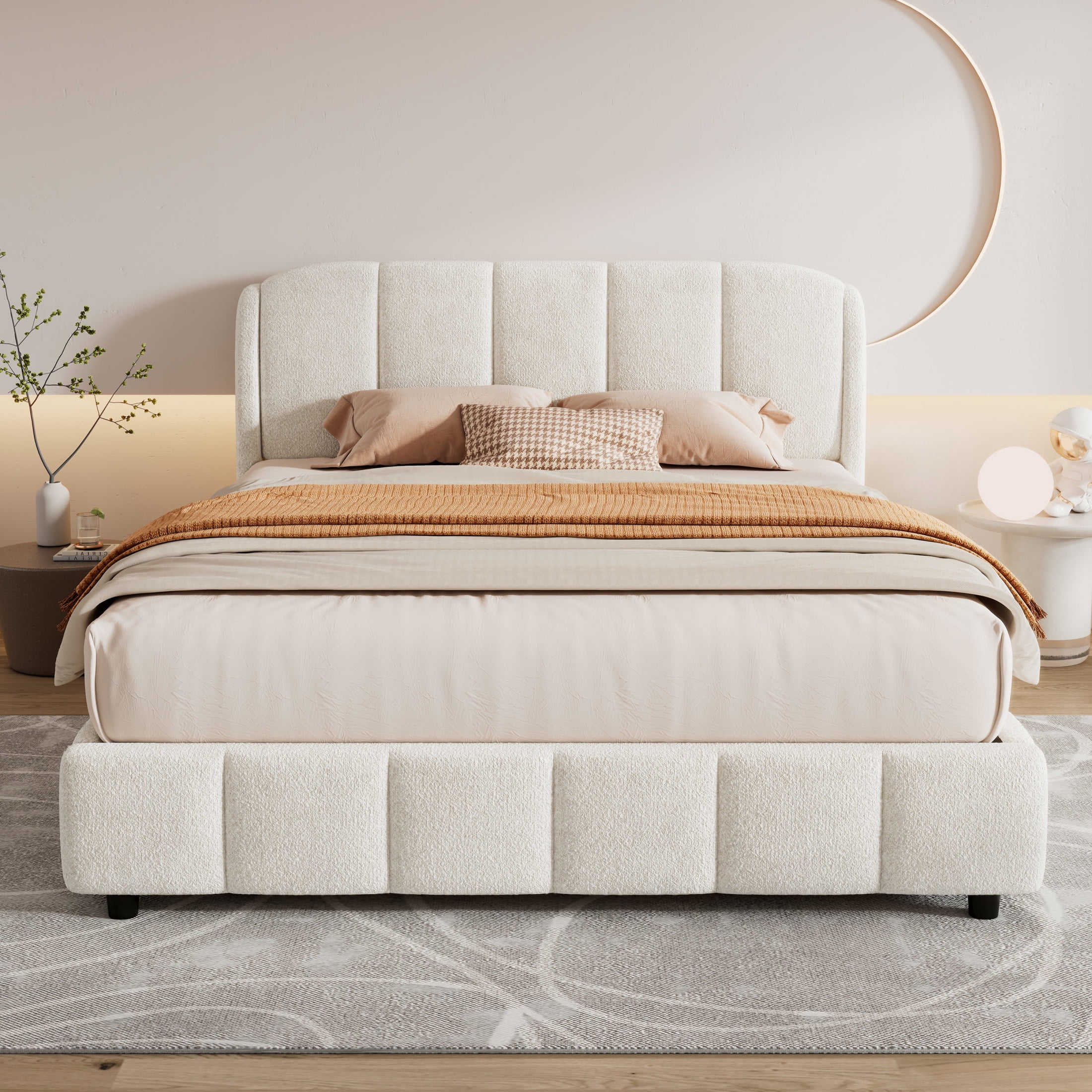 Christopher Knight Home Lysandra Queen Boucle Upholstered Platform Bed with Wood Headboard, Beige