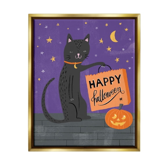 Stupell Industries Happy Halloween Black Cat Graphic Art Metallic Gold Floating Framed Canvas Print Wall Art, Design by Amanda McGee