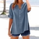 thumbnail image 2 of Conjuntos de maestra/o,Blusa de mujer con cuello en V, manga corta y dobladillo abotonado, tela de lino sintético, informal y cómoda para el hogar y el uso diario, sopatenor, 2 of 9