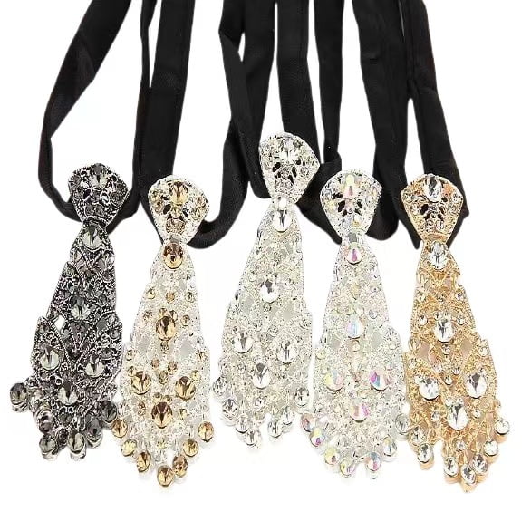 Mens Crystal Rhinestone Necktie Adjustable Luxury Shiny Decorative Sparkling Neck Tie for Wedding Party