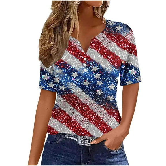 Uaswgudfs ​Women's Independence Day US Flag Sequined Star-Stripe V-Neck Tee - Patriotic Festival Tops & Shirts Multicolor L