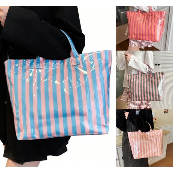Tote Bag for Women Large Striped Handbags with Spacious Interior Casual Tote Bag for Work Travel Pink