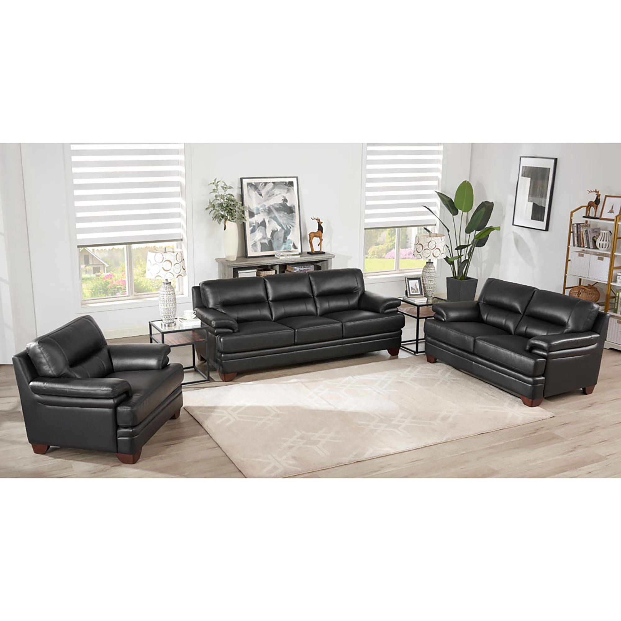 Hydeline Luxor Top Grain Leather Loveseat Black with Tapered Legs Memory Foam and Springs Seating