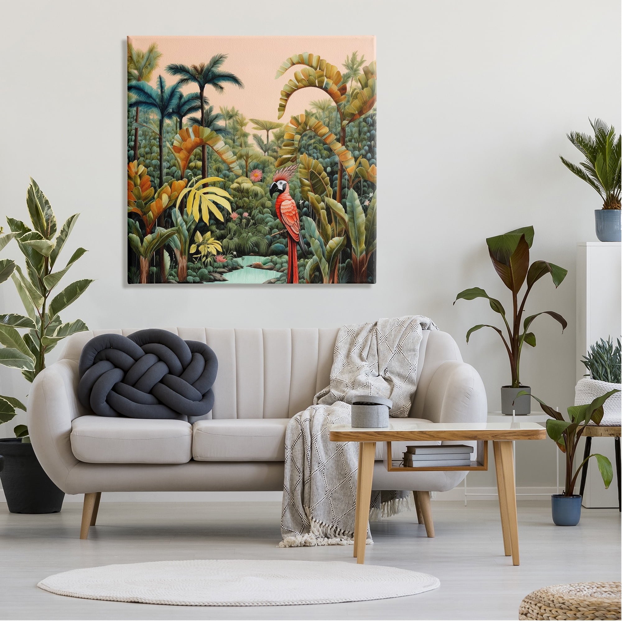 Stupell Industries Parrot in Tropical Vegetation Landscape Painting Gallery Wrapped Canvas Art Print Wall Art, 36 x 36