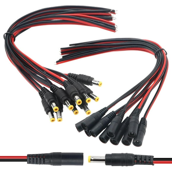 10 Pairs 5.5mm x 2.1mm DC Power Pigtail Cable, DC Male and Female Power Pigtail Adapter for Home Security Surveillance Camera and Party Lighting