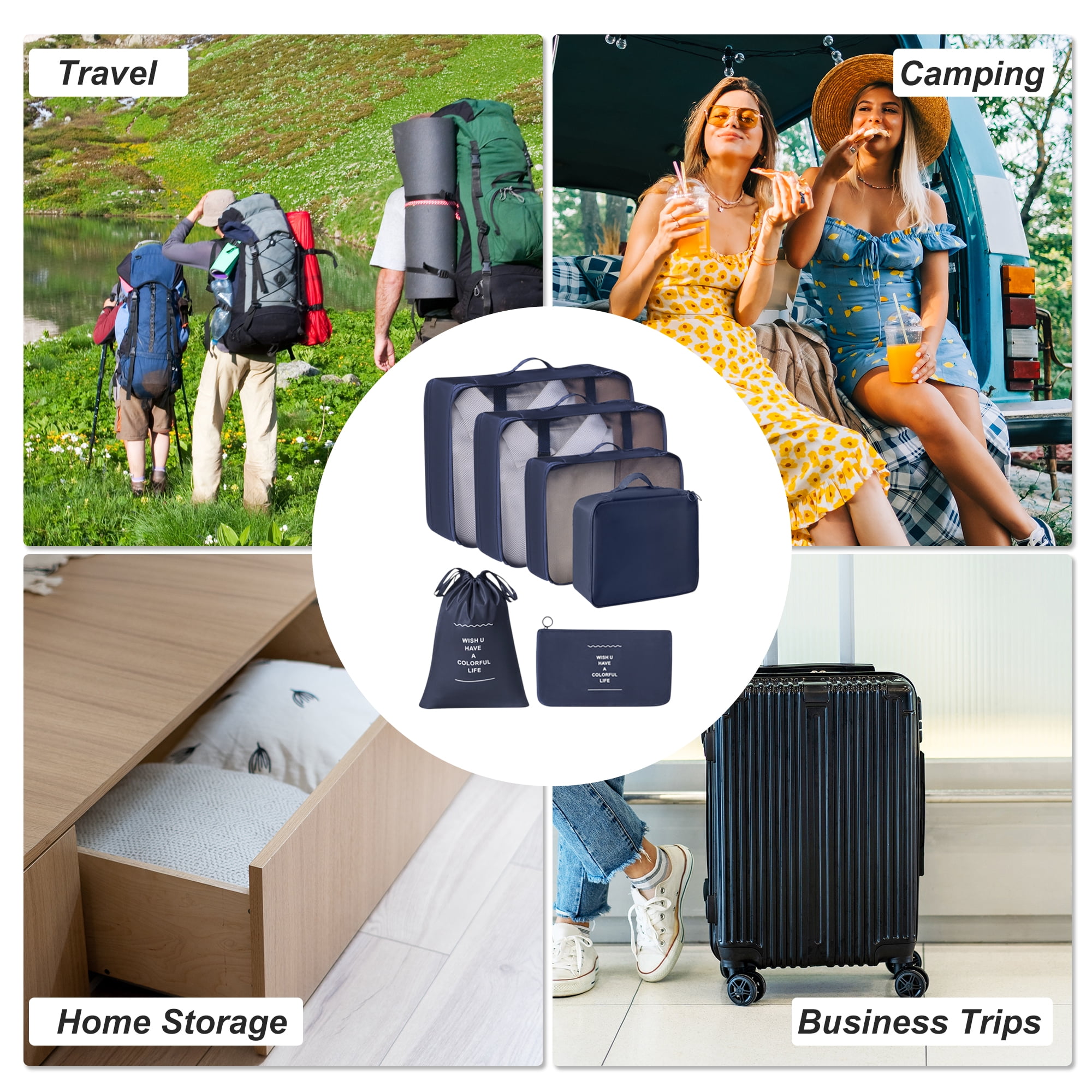 Unique Bargains Portable Packing Cube Set with 6 Different Sized Bags Navy Blue