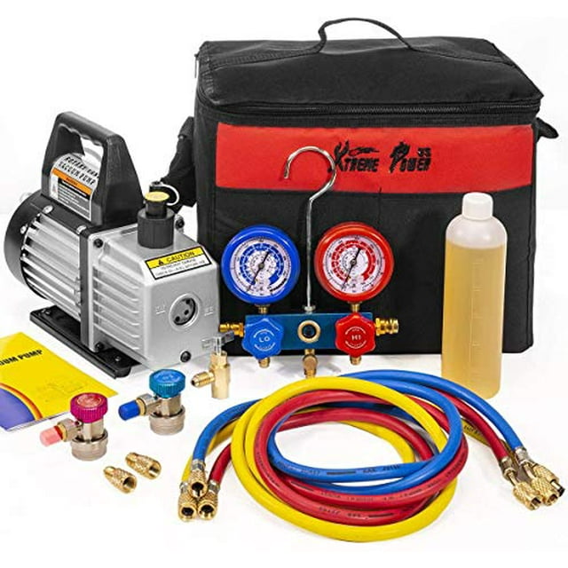 XtremepowerUS 3CFM 1/4HP Air Vacuum Pump HVAC R134a R12 R22 R410a A/C Refrigeration Kit AC Manifold Gauge R134 Can Tap Included Carrying Tote