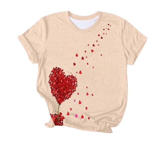 Camiseta de Manga Corta de Cuello Redondo Impresa para las Mujeres Día de San Valentín, Mezcla Ligera de Poliéster para Primavera Verano Otoño