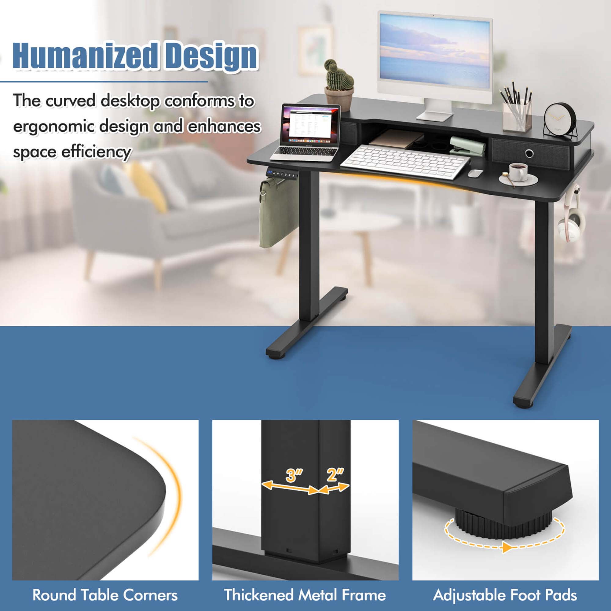 Costway 48"x 24" Electric Standing Desk with 2 Drawers Monitor Stand Storage Shelf Black