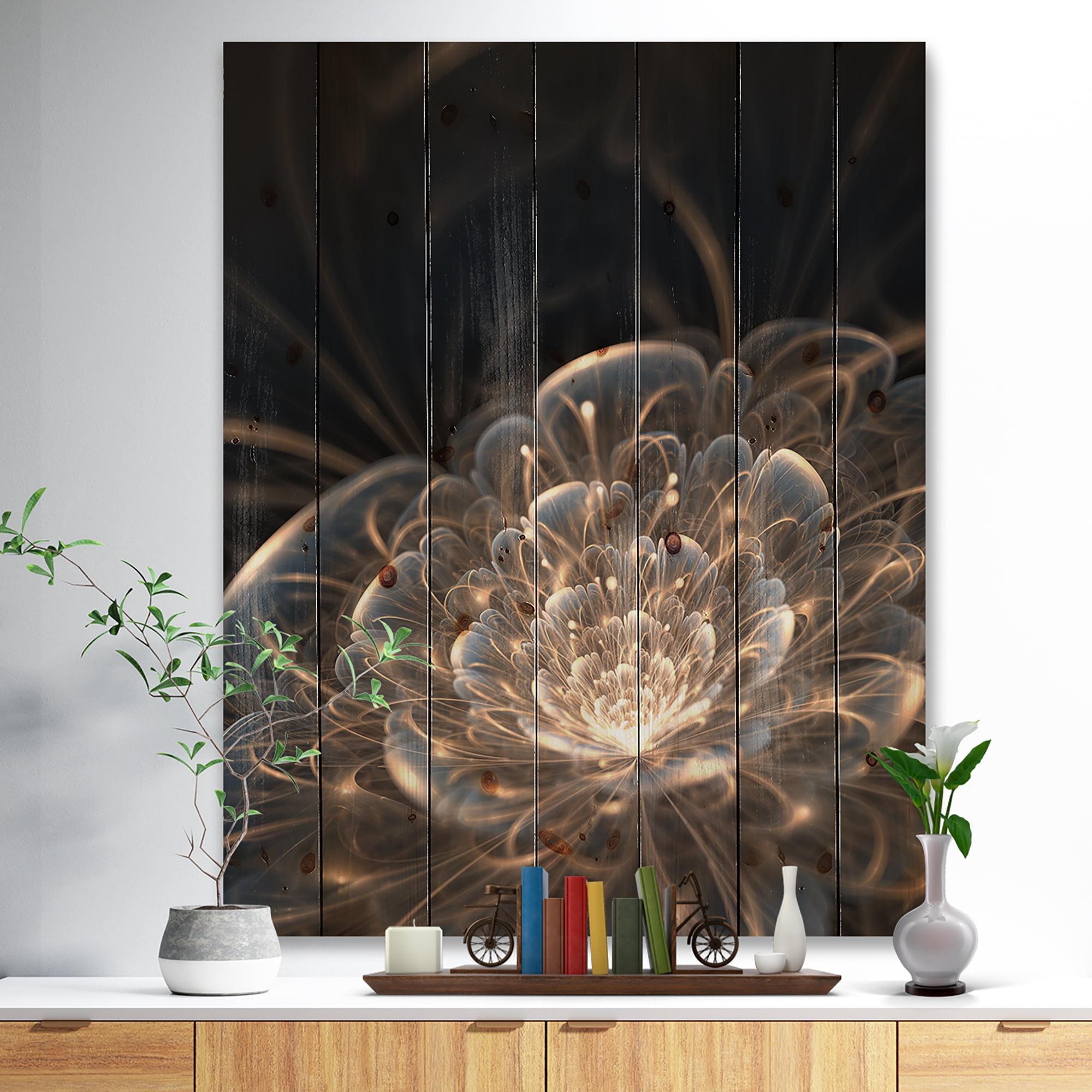 Designart 'Golden Rays With Fractal Flower' Floral Art Print on Natural Pine Wood