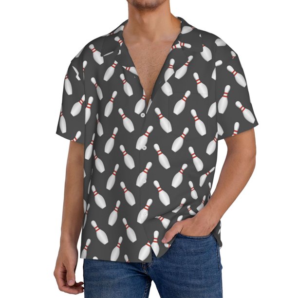 Fotbe Bowling Pins Camisa Estampada de Manga Corta para Hombre, Casual de Verano, Estilo Playero, Sin Arrugas-Medium