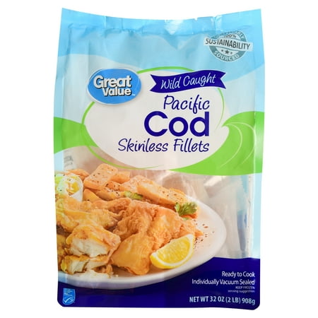 Great Value Wild Caught Frozen Skinless Pacific Cod Fillets, 2.0 lb