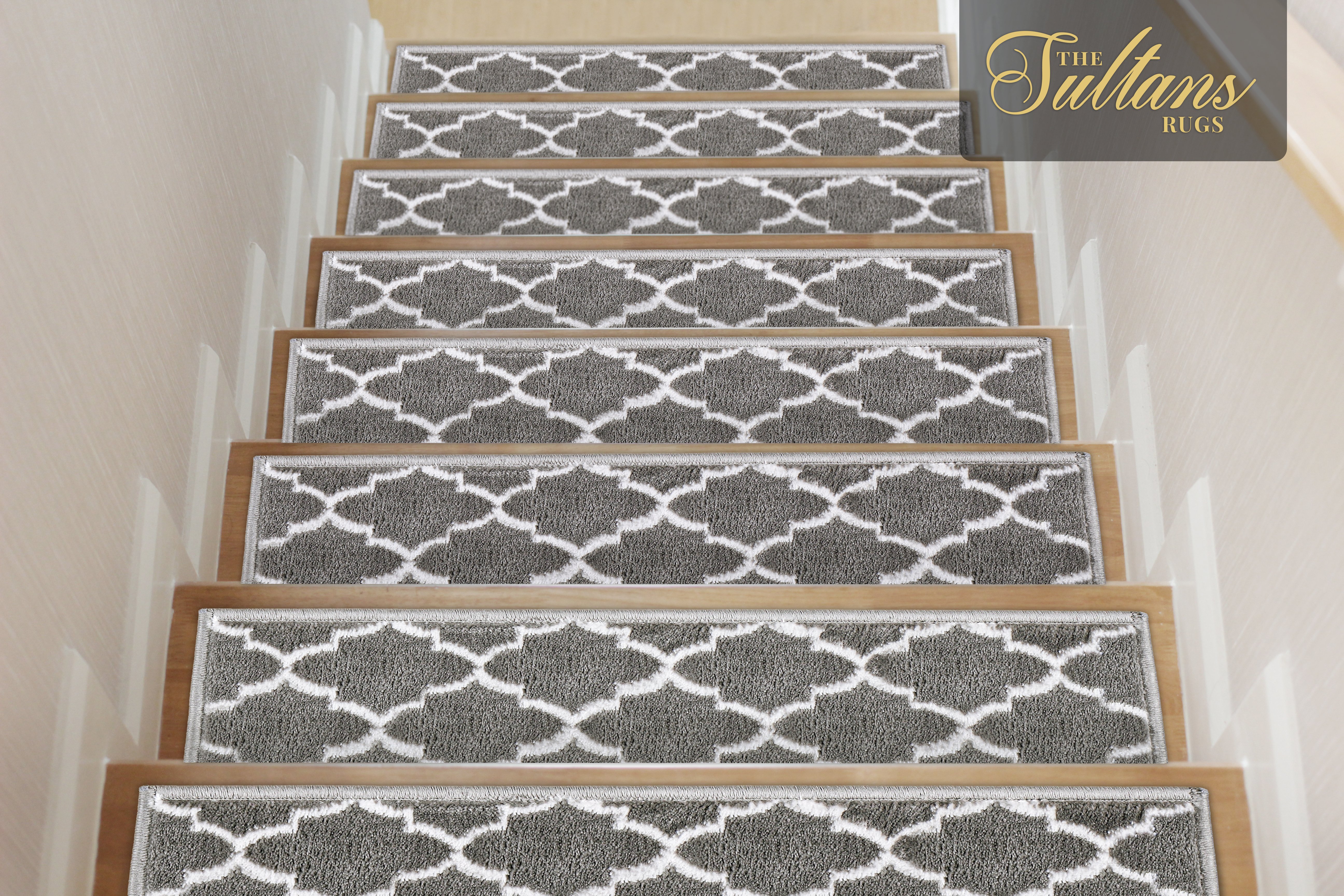Sultans Rugs, NonSlip Carpet Stair Treads, Gray, White Soft Rugs for