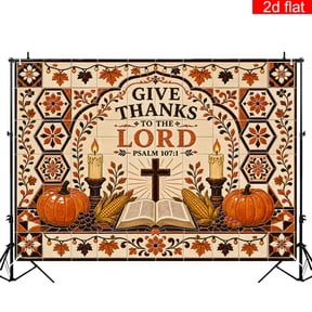 CasaVelle 5x7ft Give Thanks Backdrop, Polyester Religious Cross & Pumpkin Tile for Fall Photo Booth