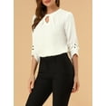 thumbnail image 6 of MODA NOVA Junior's Round Neck Keyhole Pleated Shirred 3/4 Sleeve Blouse White M, 6 of 7