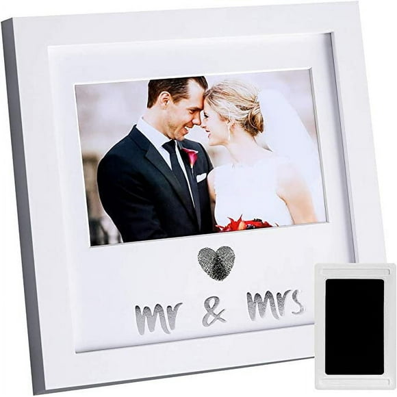 Heart Thumbprint Keepsake Frame and Ink Kit Wedding Picture Frame Wedding Registry Idea Shower Gift For Bride Newlywed (White Frame Silver text)