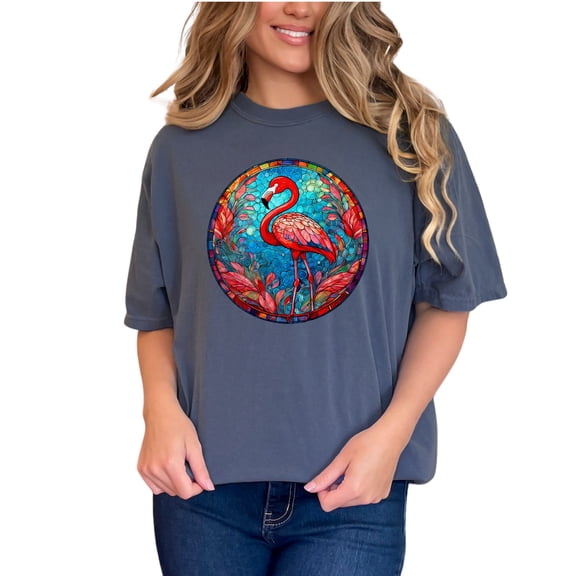 Flamingo Stained Glass Art T-Shirt, Colorful Flamingo Graphic Tee, Unique Tropical Bird Clothing, Artistic Animal Print Shirt, Denim Comfort Colors T-Shirt, Small