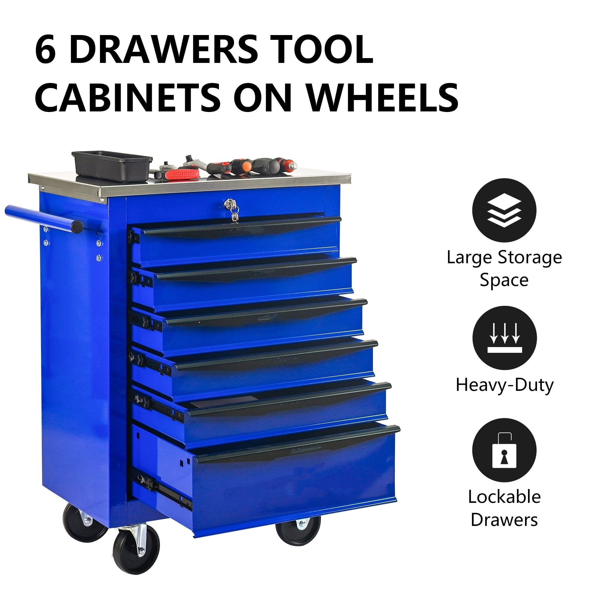 6 Drawers Tool Cart on Wheels,Lockable Multifunctional Metal Rolling Tool Chest