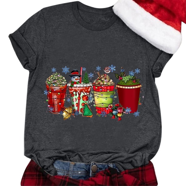 Gibobby Tops navideños para mujer Navidad Casual Navidad Muñeco de nieve Impresión Cuello redondo Manga corta Camiseta suelta Blusa Tops(Gris oscuro,M)