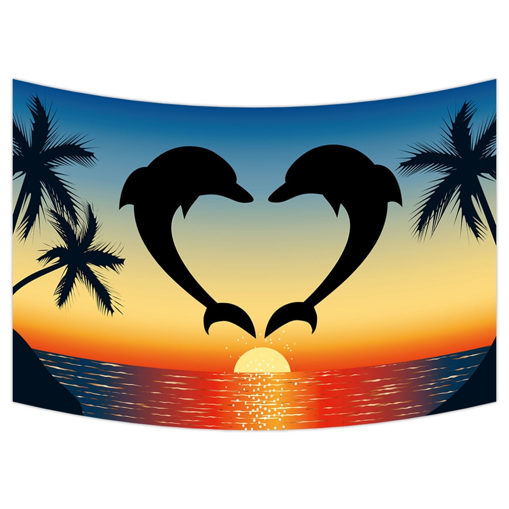 Ocean Sunset With Palm Trees And Dolphins