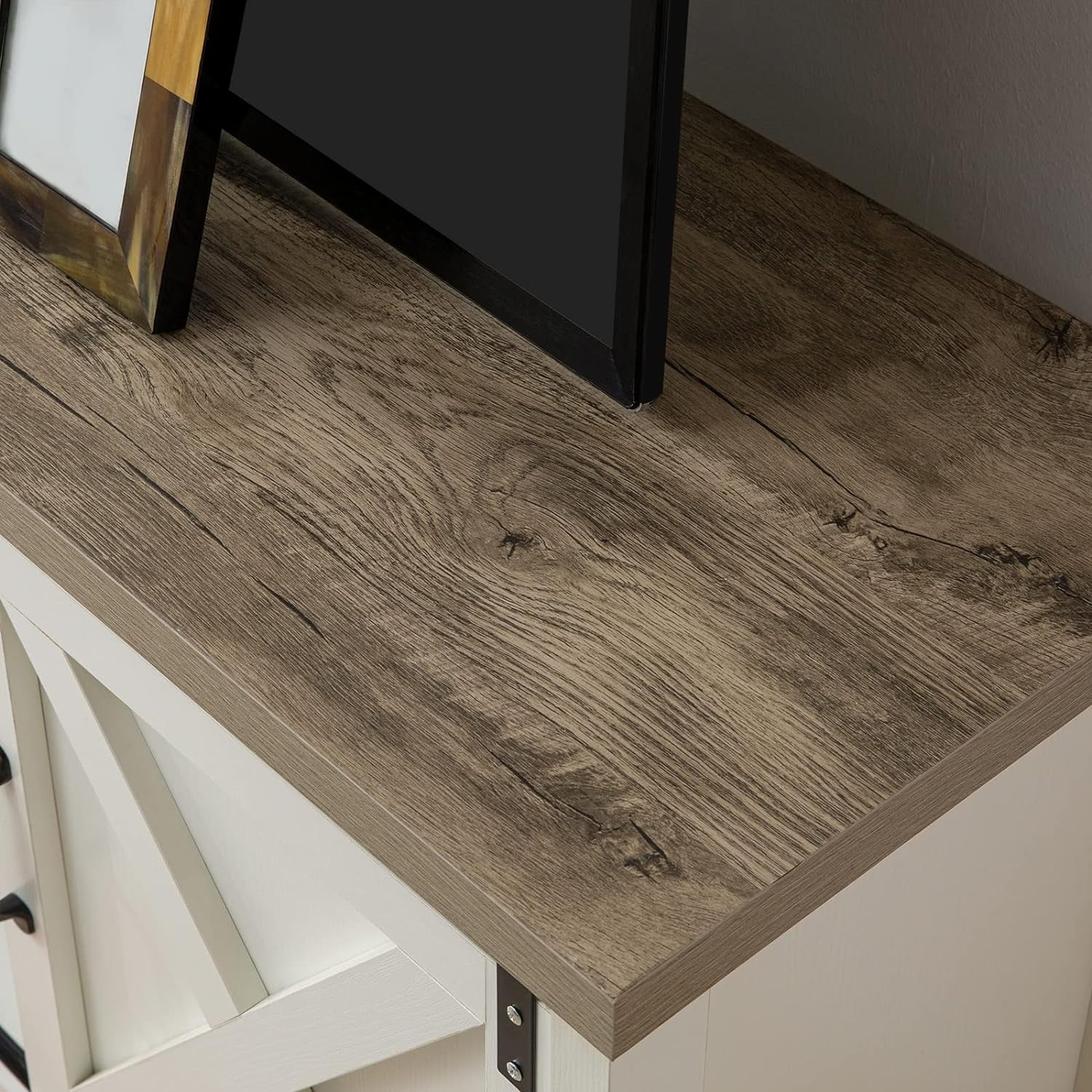 Reliancer Farmhouse TV Stand for TVs up to 65”, with Sliding Barn Doors, White