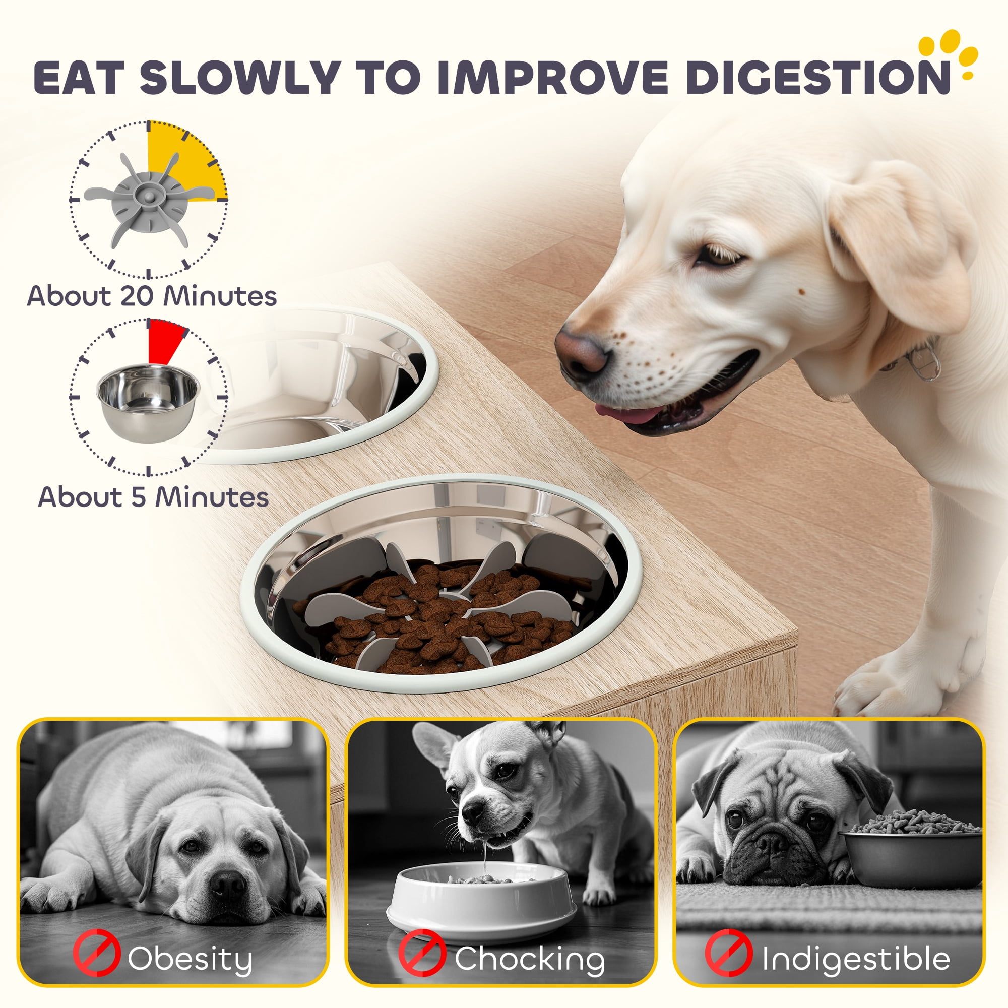 PawHut Elevated Dog Bowls with Storage Cabinet, Raised Dog Bowl Stand, Dog Feeding Station with 2 Stainless Steel Bowls, Slow Feeder, Oak