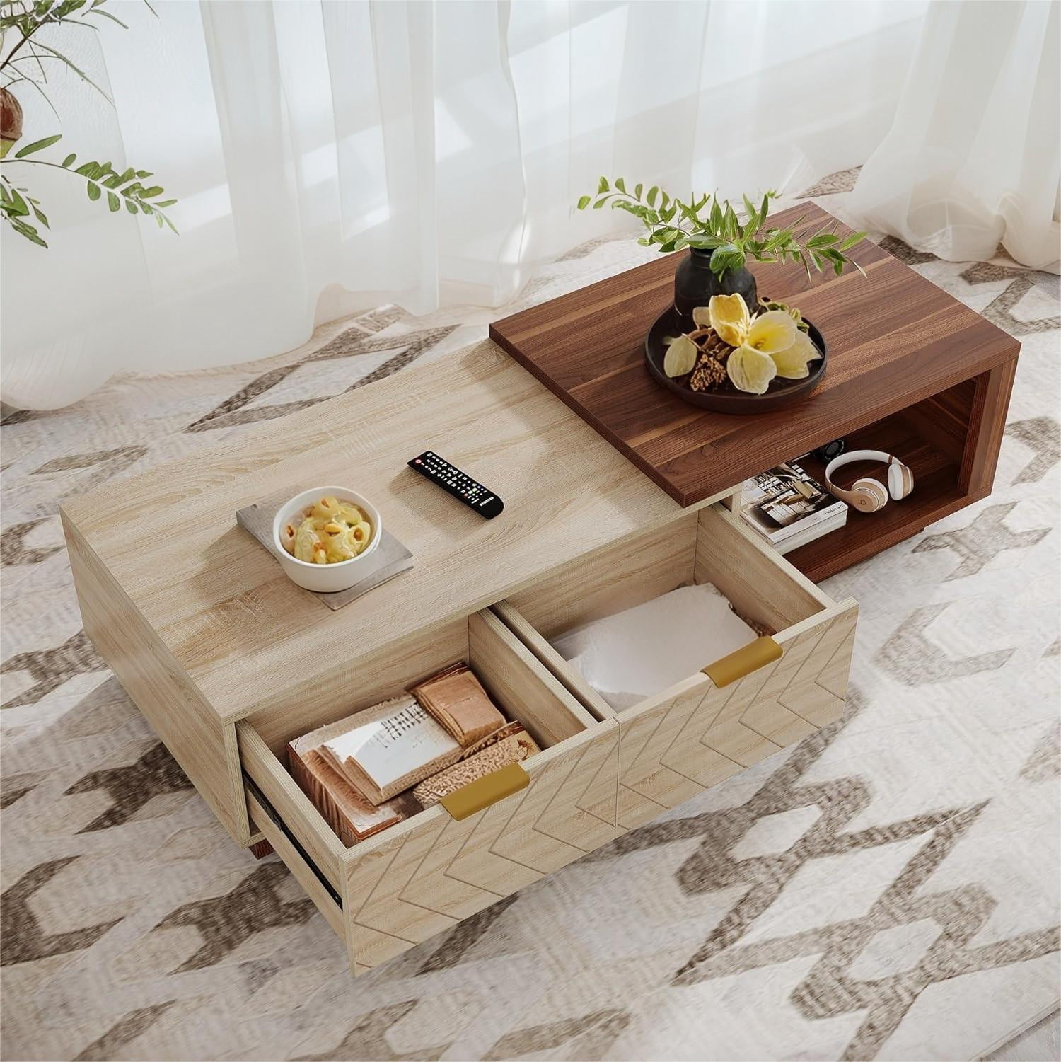 Fnova Modern Extendable Coffee Table with 2 Drawers, 42"-65" Expandable Wood Coffee Table for Living Room, Walnut & Oak