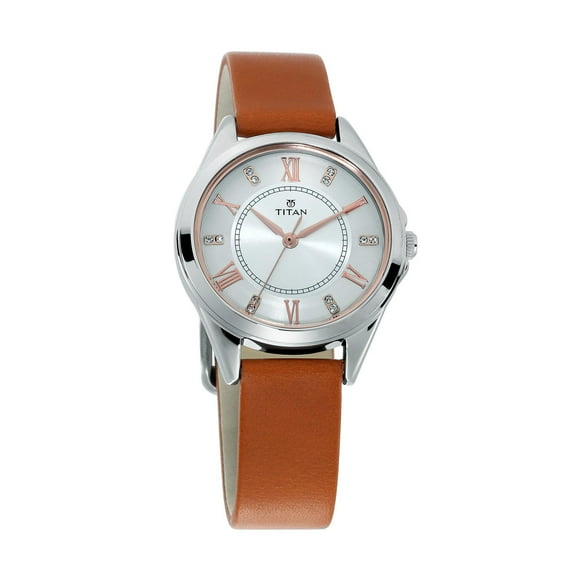 Titan Sparkle Women's Watch with White Dial Analog and Brown Leather Strap 2565SL01