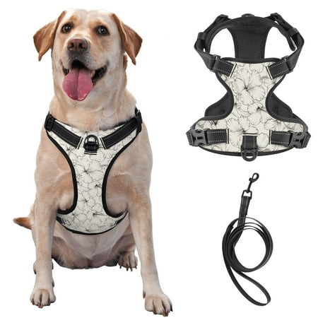 TEQUAN Large Dog Harness with Leash Beige Sketch Flowers Prints Reflective No Pull Adjustable Pet Vest (XL)