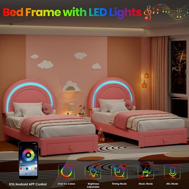 Rainbow Headboard LED Twin Bed Frame for Kids – Upholstered, Storage Drawer, Soft Lamb Wool, Sturdy Wood Slats, No Box Spring Needed, Princess Platform – Pink