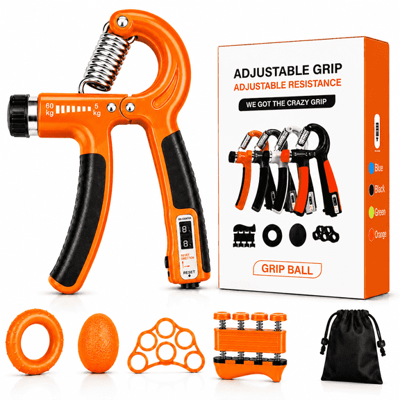 Hand Grip Strengthener Kit, 5-Piece Adjustable 5-60KG Grip Trainer with Built-In Counter, Finger Exerciser, Grip Ring, Stress Relief Ball & Carry Bag for Hand, Wrist & Forearm Strength Training