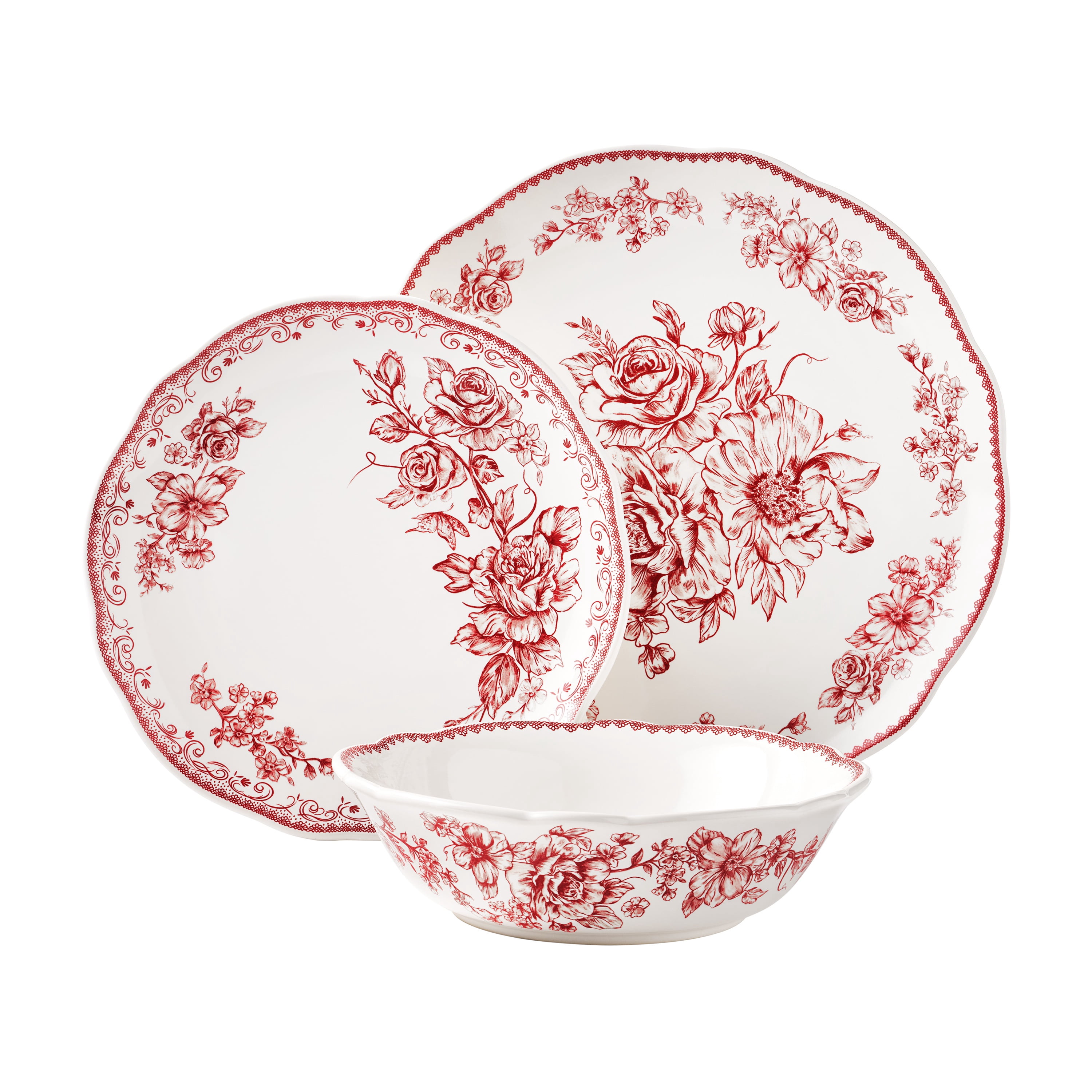 The Pioneer Woman Agatha 12-Piece Stoneware Dinnerware Set, Red