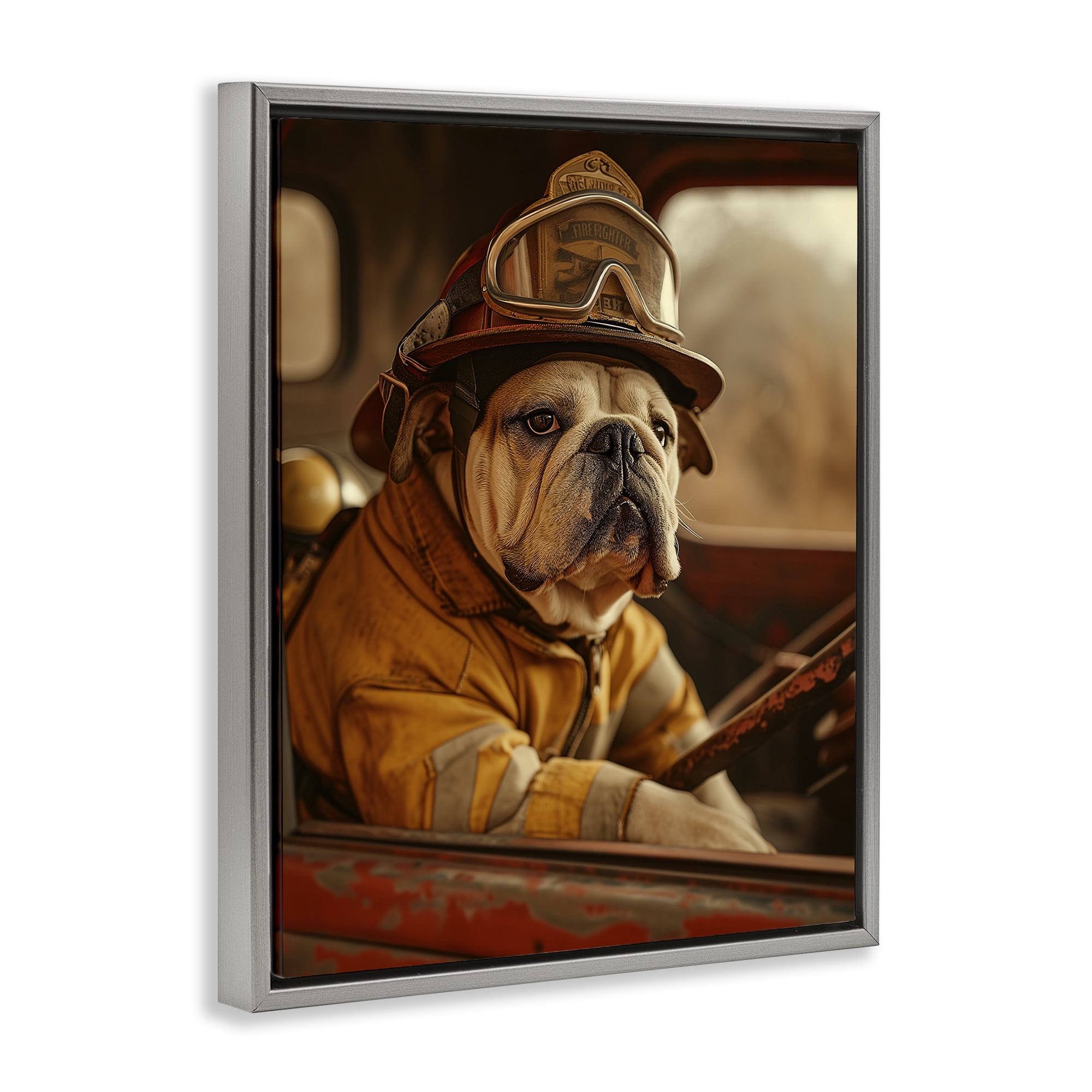 Stupell Industries Rustic Bulldog Fireman Novelty Painting Gray Floater Framed Canvas Art Print Wall Art, 17 x 21