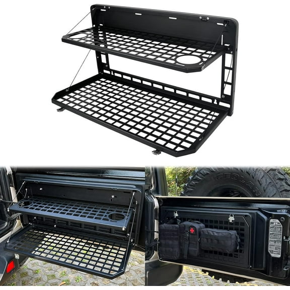 This Is Only a Part of the Product, 2-Tier Tailgate Table Rear Foldable Storage Cargo Rack Outdoor Camping Desk for 2007-2022 Jeep Wrangler JK&JL 4 Door (Not Fit JK Models with Stock Subwoofer),Car E