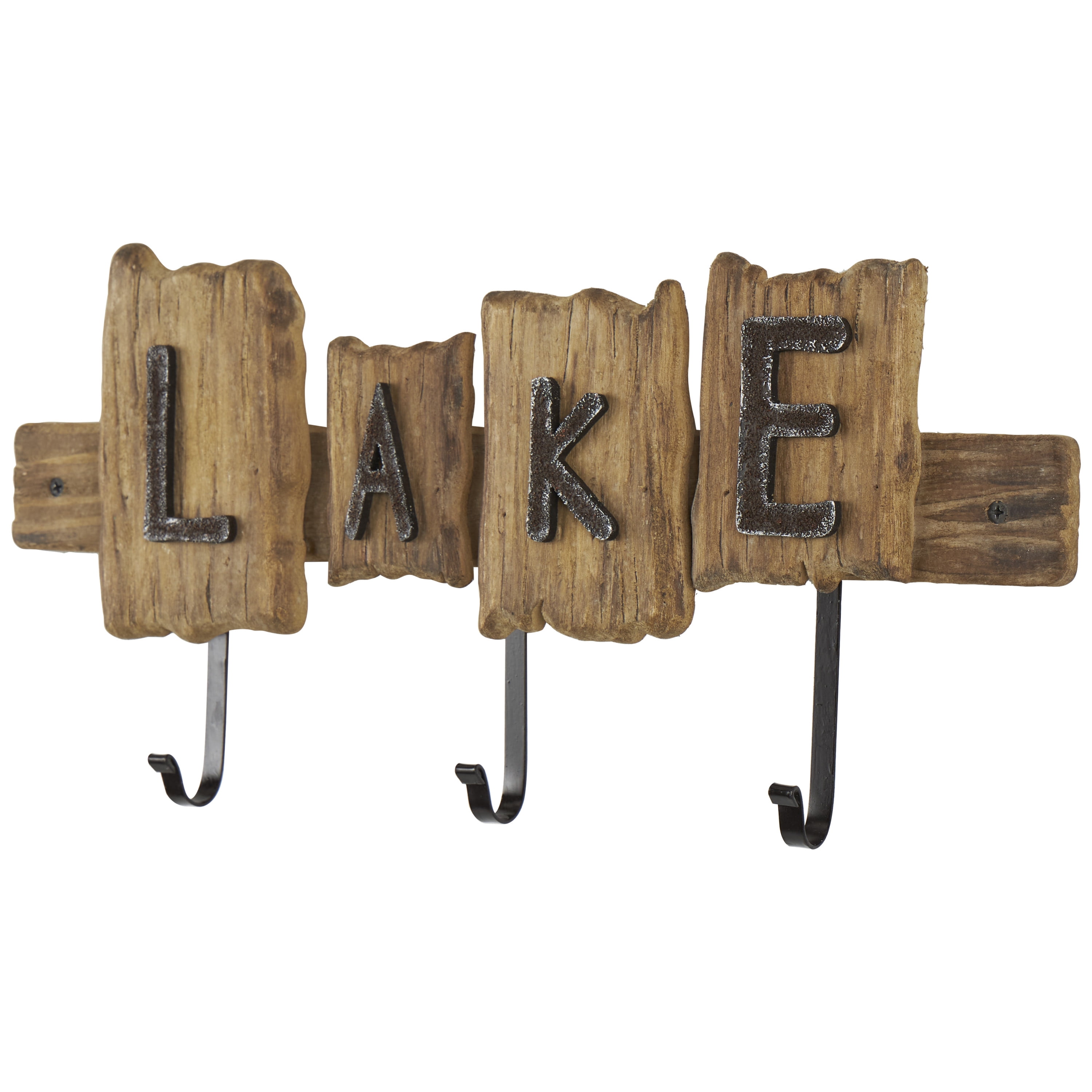 DecMode 19" x 2" Brown Wood Handmade Live Edge Lake Sign 3 Hanger Wall Hook with Metal Accents, 1-Piece