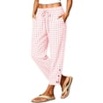 thumbnail image 2 of Vivianyo HD Women's Gingham Drawstring Elastic Waist Long Pants, Womens Summer Lightweight Pull On Straight Leg Trousers with Side Button Split for Vacation Casual Daily Wear, Sizes S-3XL, 2 of 8