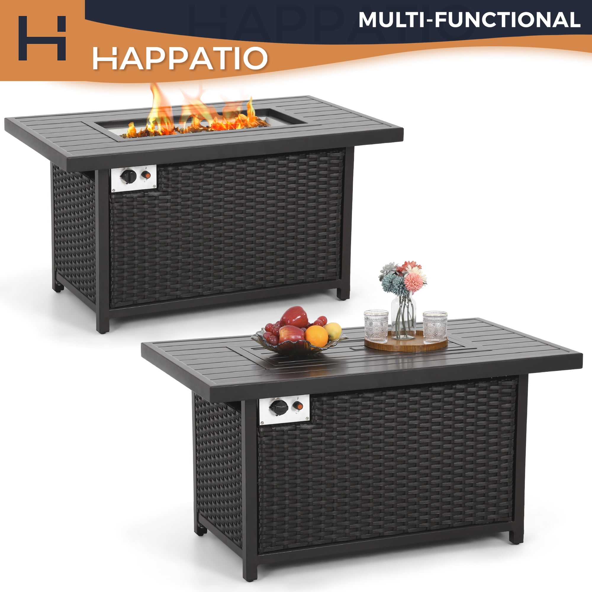 HAPPATIO 50,000 BTU Wicker and Aluminum Patio Fire Pit Table (Gray)