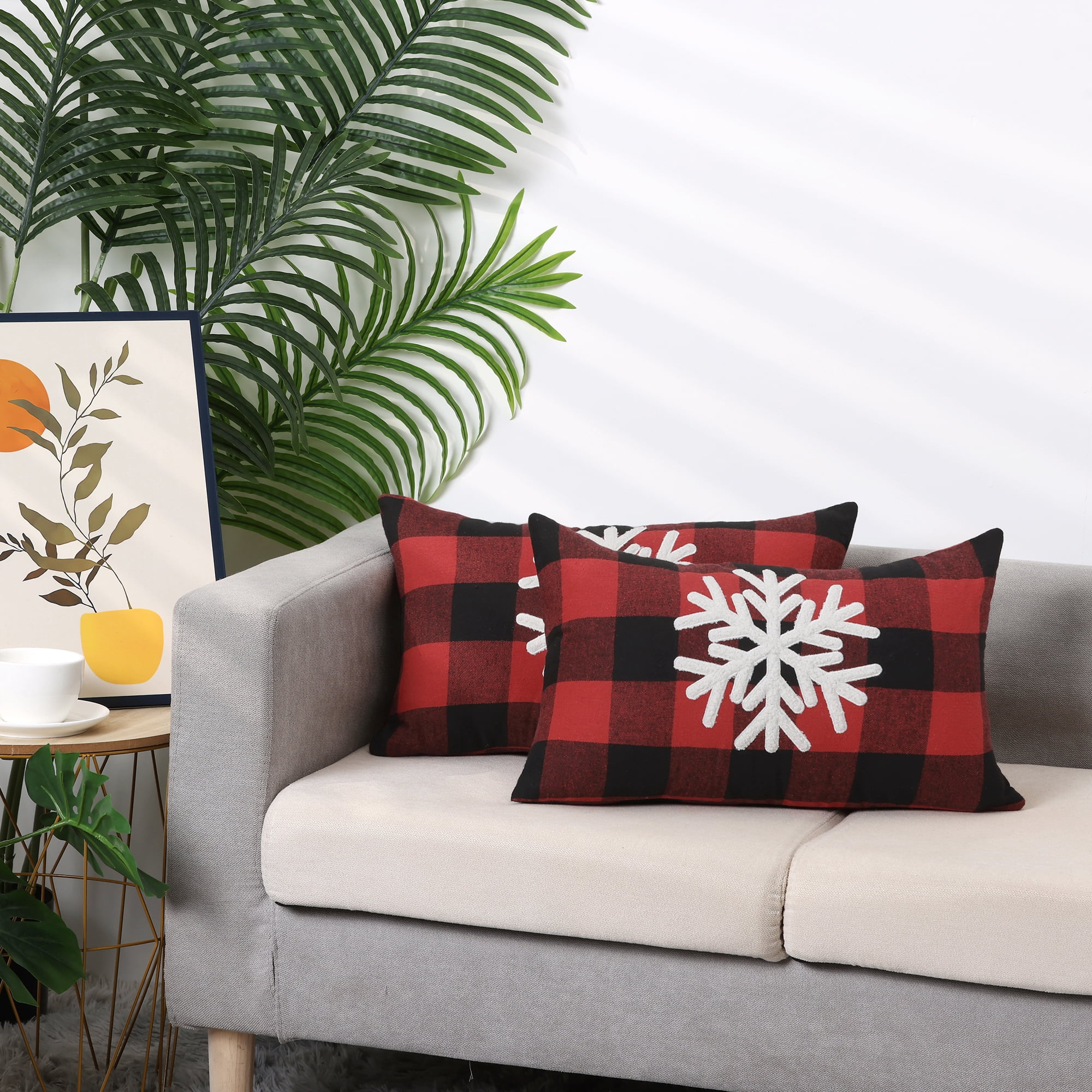 Unique Bargains Plaid Print Throw Decorative Pillow Covers Farmhouse Pillowcase Pack of 2 Snowflake 12" x 20"