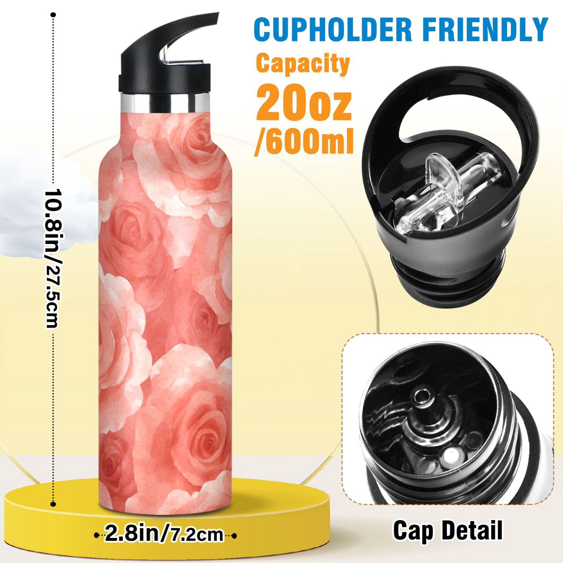 600ML Stainless Steel Insulated Cup Sports Water Bottle Portable Thermos Cup Water Glasses Insulated Tumblers Convenient and Durable Cartoon Pink Roses Seamless